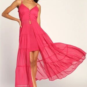 Lulus Set On You Hot Pink Lurex Sleeveless Two-Piece Midi Dress